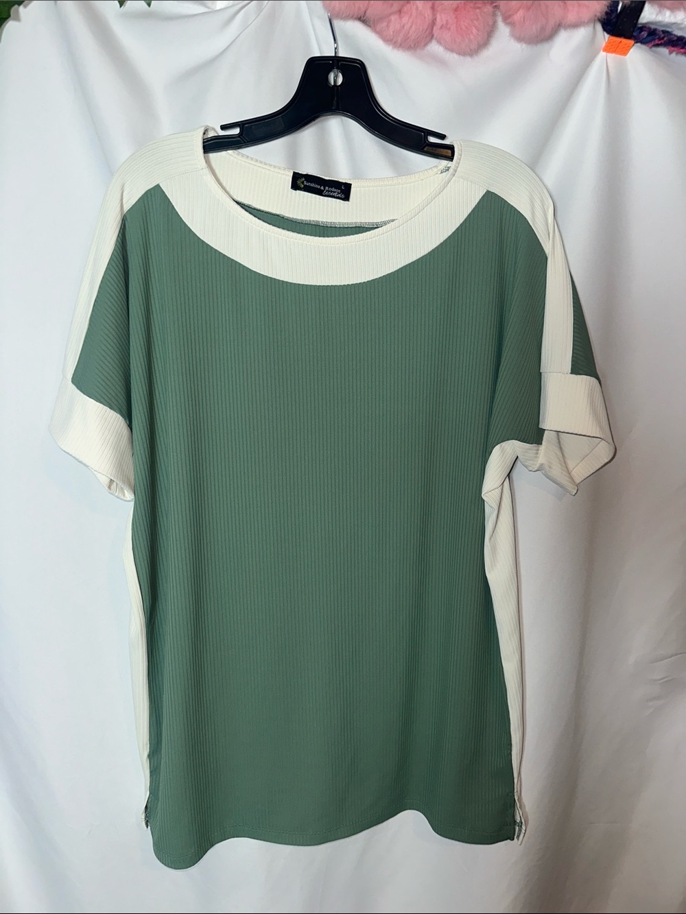 Sunshine & Rodeos Rafaella Sage Green Short Sleeve Ribbed Tee with Cream Trim